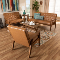 Baxton Studio BBT8013-Tan 3PC Living Room Set Sorrento Mid-Century Modern Tan Faux Leather Upholstered and Walnut Brown Finished Wood 3-Piece Living Room Set